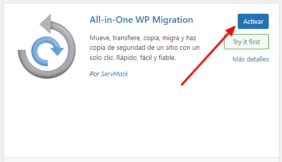 Activar All in One WP Migration