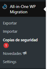 Sección All in One WP Migration en la barra lateral del WordPress